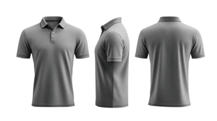 Gray polo shirt mockup showcasing front, side, and back views. Perfect for casual wear or branding