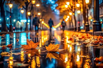 Autumn Evening Stroll: Rainy City Street at Night