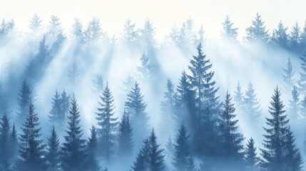 Obraz premium Misty mountain forest sunrise, sun rays through trees