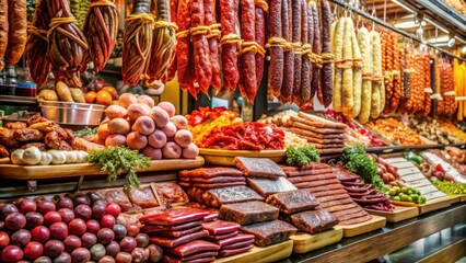 Obraz premium Colorful Display of Dried Meats and Sausages at Food Market