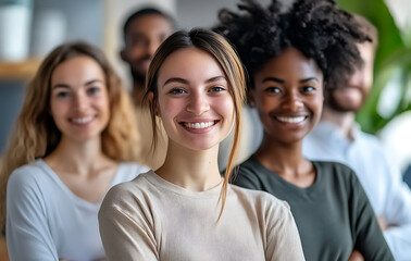 Fototapeta premium Group of young adults advocating for workplace wellness programs including regular physical exercise, aiming for longevity healthy living. 