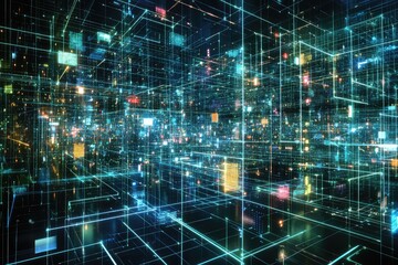 Obraz premium A digital grid with glowing data nodes and structured information flows, representing the complexity of big data.
