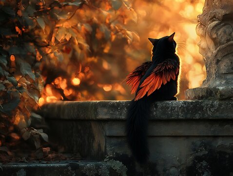 Winged cat sunset garden fantasy
