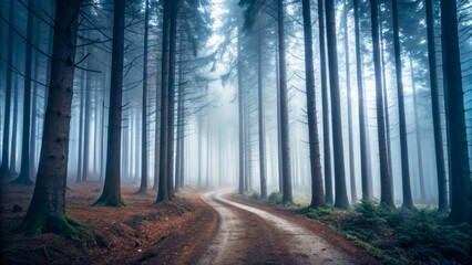 Naklejka premium Misty Forest Path with Tall Trees and Soft Natural Light in a Calm Environment