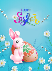 Easter blue design with egg and cute pink bunny.