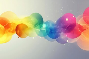 rainbow speech bubbles burst across a sleek gray gradient, pulsing with lively chatter and diversity under a crisp digital spotlight.