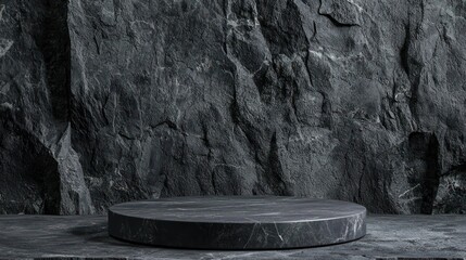 Dark Marble Platform Against a Rugged Stone Wall