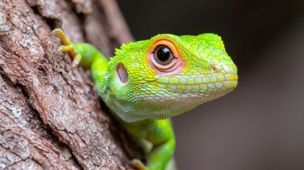 Close-up of a green lizard on a tree trunk. Suitable for nature, wildlife, or animal publications