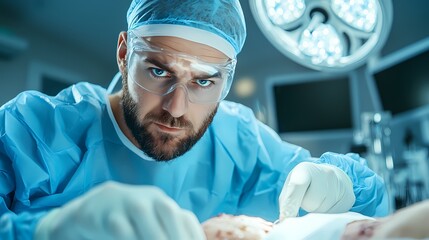 A medical professional in full personal protective equipment PPE carefully and aseptically bandaging a patient's wound or injury in a hospital or clinic setting.