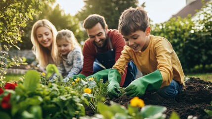 Parents and kids teamwork, smiling while gardening in the sunshine