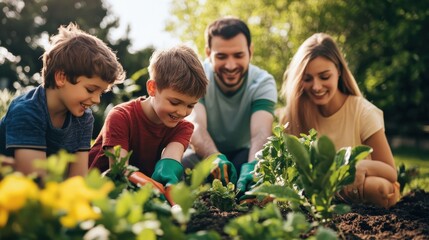 Fototapeta premium Family gardening fun: gloves on, hands dirty, hearts full of happiness