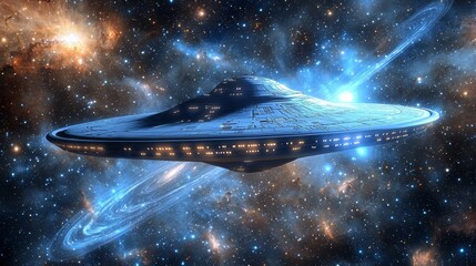 Obraz premium Futuristic Spaceship Travels Through Cosmic Galaxy with Stars