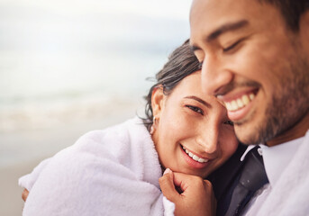 Wedding, hug and couple with care by beach for commitment, love or bonding together. Sea, travel...