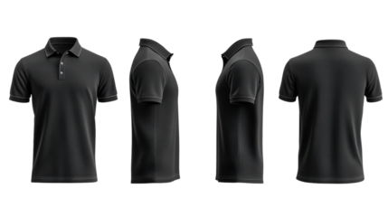Black polo shirt mockup showcasing front, side, and back views for design