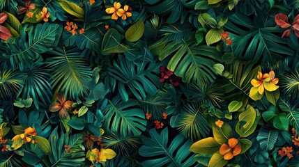Naklejka premium Seamless tropical pattern with lush green leaves and colorful flowers