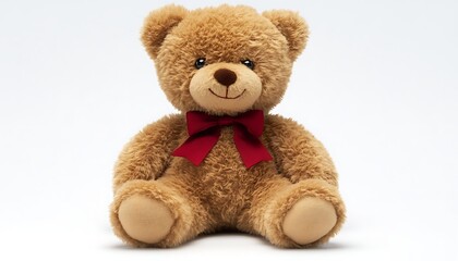 Sitting teddy bear, studio, red bow, neutral background