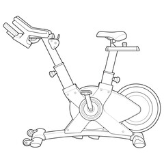 Outline Static bike. Fitness, cardio, and muscle building machines, equipments set at gym. Workout and training concept. Vector illustration.