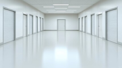 Bright, clean industrial hallway with multiple storage doors and polished floor, emphasizing sleek architecture and functionality.