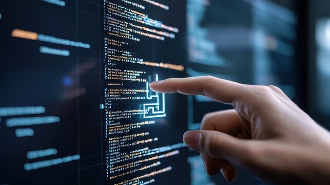 Close view of hand interacting with code on a digital interface, symbolizing modern technology and innovation.