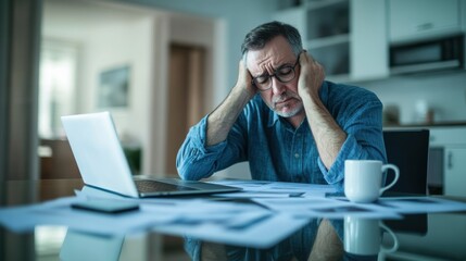 Retirement financial stress in a clean office environment. Featuring worry and doubt