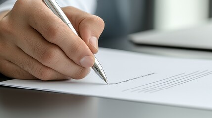 Close-up of a hand signing a document with a pen on a desk, symbolizing agreement or legal validation.
