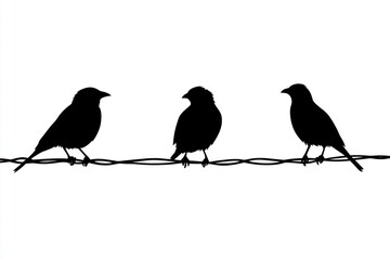 Fototapeta premium Three Black Birds Silhouetted On A Thin Wire Perch