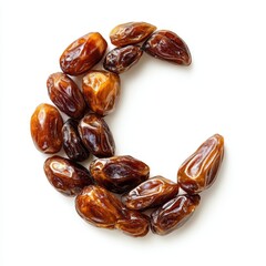 Brown Dates Arranged in Crescent Moon Shape on White Background