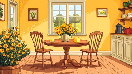 Obraz premium Sunny Kitchen Interior with Wooden Table and Chairs.