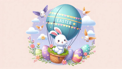 Cute Easter bunny in kawaii style flies in a blue hot air balloon with Easter eggs, surrounded by flowers and a bird under a pastel colors sky