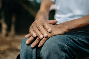 Fototapeta premium Close up of male wrinkled hands, old man is wearing ..