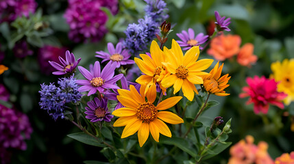 Vibrant Yellow and Purple Flowers in a Garden