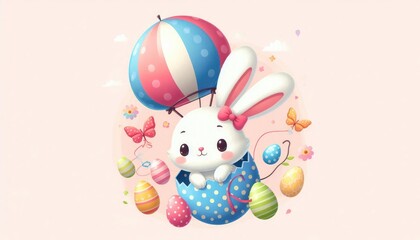 Cute Easter bunny in kawaii style flies in a blue hot air balloon with Easter eggs, surrounded by flowers and a bird under a pastel colors sky