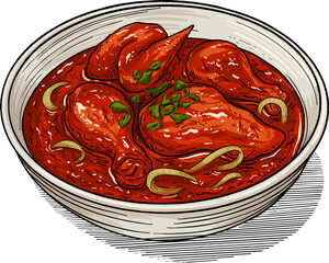 Illustration of a Traditional Malaysian Dish Ayam Masak Merah in Vector Art with Rich Spicy Tomato Sauce