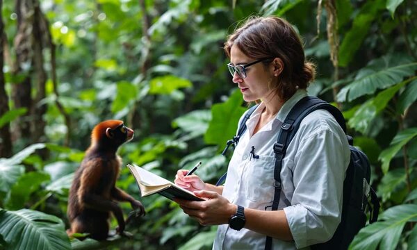 Woman scientist observing monkey in rainforest