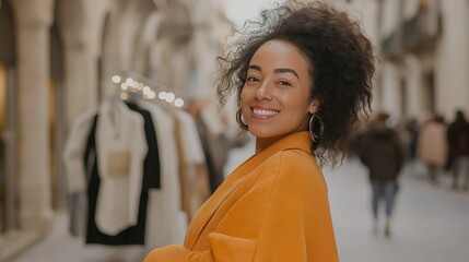 Fashion designer walking through a vibrant shopping gallery, smiling and glancing back with a confident air, exuding elegance and style