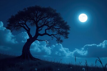 Gnarled black tree silhouette, glowing moon and wispy clouds, deep blue night sky , gothic, night