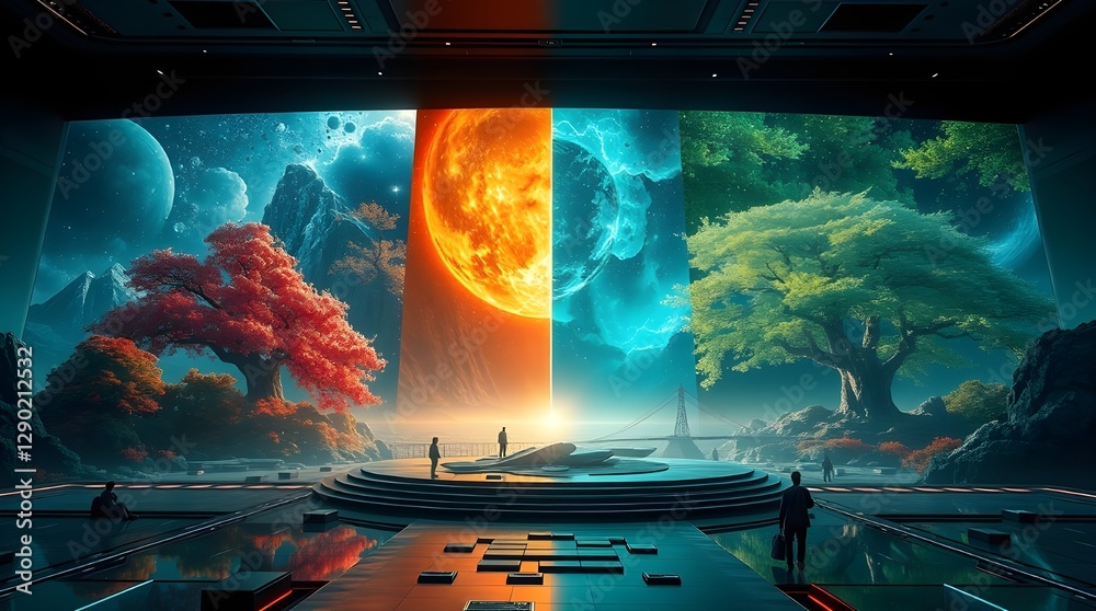 Wall mural a futuristic scene portrays a vast, immersive environment split between a vibrant celestial landscap