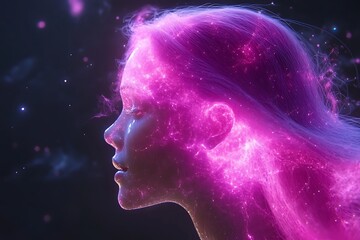 Ethereal portrait of a woman with glowing cosmic elements in her hair against a dark backdrop