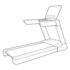 Outline Treadmill running machine. Fitness, cardio, and muscle building machines, equipments set at gym. Workout and training concept. Vector illustration.