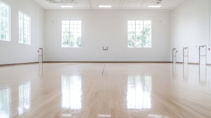 Empty gymnasium with polished wood floor and large windows.  Possible use Stock photo for architecture, sport, or interior design