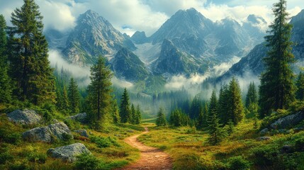 Obraz premium Mountain path through misty forest