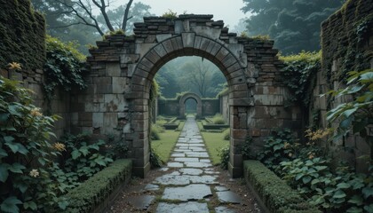 Obraz premium Serene Stone Archway Path in a Lush Green Garden Tranquil Nature Scene with Overgrown Ruins