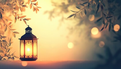 Glowing Lantern Among Autumn Leaves at Sunset
