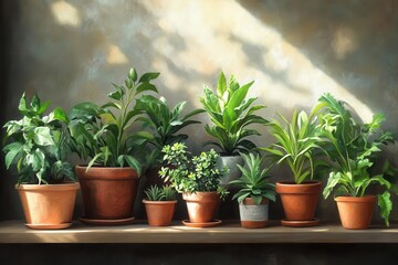 row of potted plants in earthy clay vessels, sizes cascade, lush greens spill over, soft sunlight dances, natural harmony in a tranquil display.
