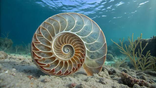 Nautilus Shell's Spiral Beauty:An underwater capture showcases a nautilus shell cut open, its perfect logarithmic spiral radiating elegance amidst a vibrant aquatic scene.
