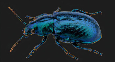 Fototapeta premium Shining Blue Beetle Macro with Detailed Texture on Dark Background