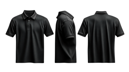Black polo shirt design with front, side, and back views