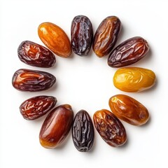 Arrangement of Brown and Golden Dried Dates in a Circle on White Background