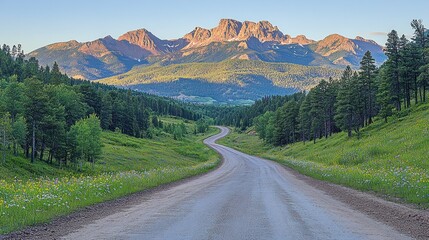 Fototapeta premium Mountain Road Sunrise Meadow