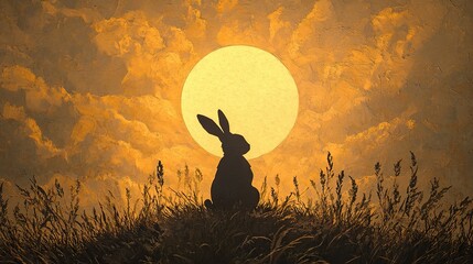 Silhouette of a rabbit in the grass under a bright moon